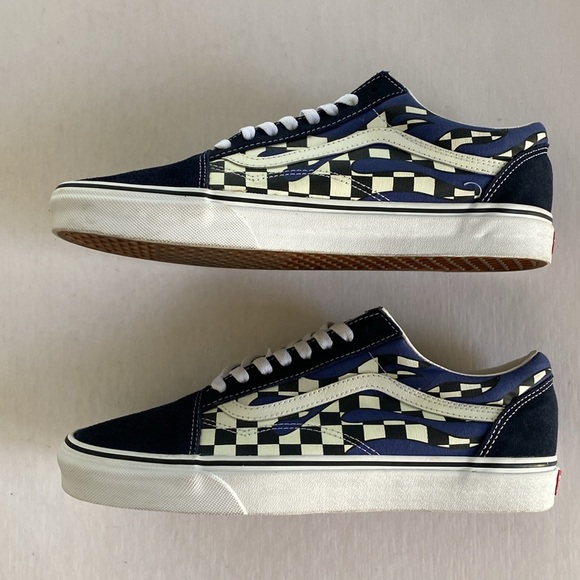 Vans Men's Old Skool Navy Blue and White Checker Flame Sneakers #500714 Size 11 - Picture 3 of 7